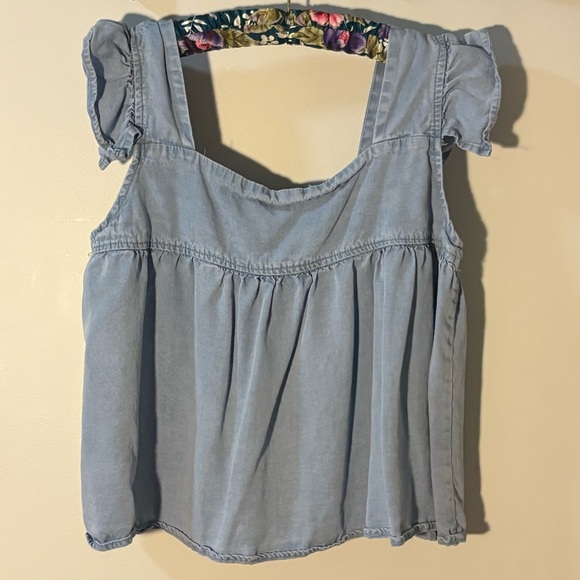 Hayden Los Angeles Tencel Square Neck Ruffle Cap Sleeve Top Light Denim Medium - Picture 9 of 13